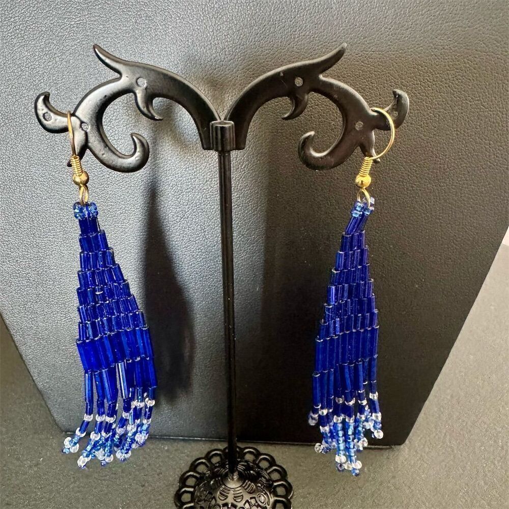 Handmade Blue Beaded Dangle Earrings Hook Closure